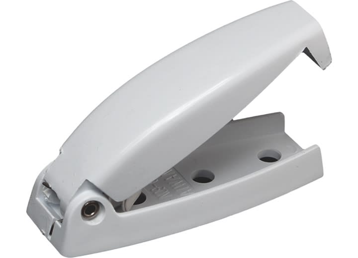 The RV Designer E211 Rounded Baggage Catch, a spring-loaded white plastic door catch designed to hold RV baggage or compartment doors open. It is sold in a 2-pack and includes mounting hardware.