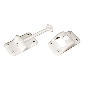 The RV Designer E231 Plastic T-Style Entry Door Holder, a door catch used for holding an RV or camper entry door open. It has a length of 3-1/2 inches and comes with mounting screws.