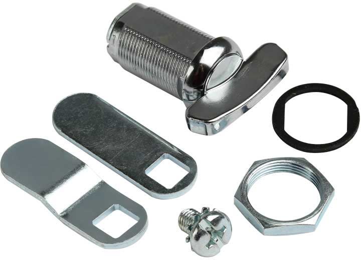The RV Designer Compartment Lock L528 is a non-locking, thumb-operated cam lock with a 1-1/8 inch cylinder length, widely used for RV compartments and storage doors. It is made of stainless steel with a chrome-plated finish and is weather-resistant.