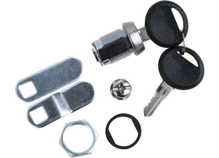 The RV Designer L547 RV Keyed Weatherproof Cam Lock Cylinder is a weather-resistant, 7/8-inch, stainless steel lock for RV compartment doors, including two keys and two types of cams for broad compatibility.