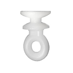 The RV Designer A102 Large Sliding Eye Carrier, a white plastic glider used in RV window curtain tracks. This product is designed to be used with drape hooks like the A113 and has a large eye for smooth sliding.