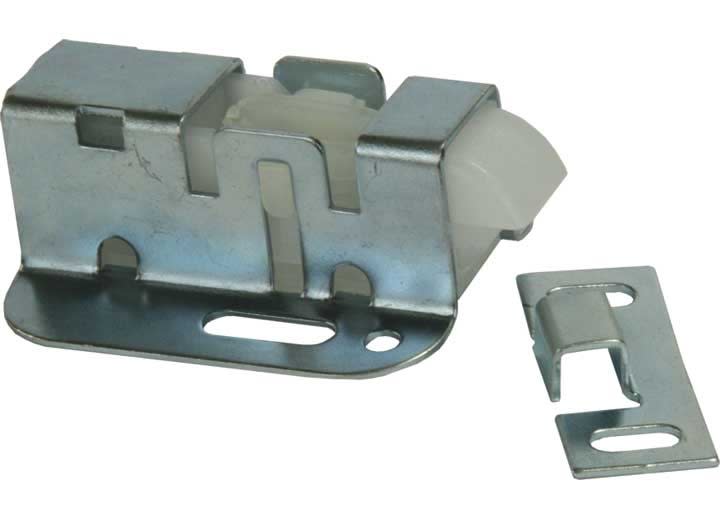 The JR Products 70395 is a pull-to-open cabinet catch. It installs on the inside the cabinet door; a single-hole cabinet knob (not included) is then attached to the enclosed screws on the outside to operate it.