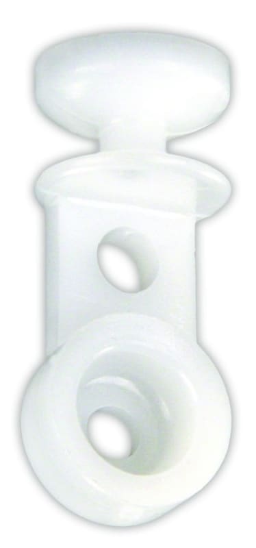The JR Products 81075 sliding eye curtain carrier snap in type A, is a white plastic curtain carrier made by JR Products designed for use with a Type A curtain track, most commonly found in RVs. It is a snap-in style carrier.