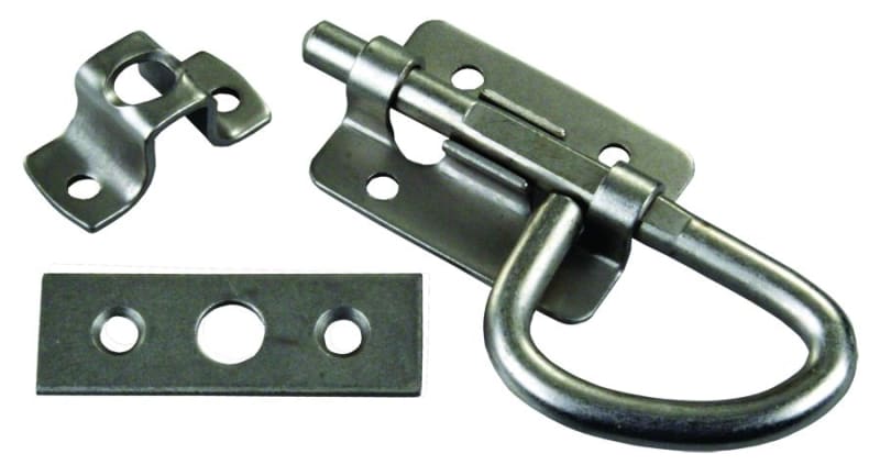 The JR Products 20655 Universal Bolt Latch is a durable, keyless entry handle with a satin nickel finish designed for securing various components in RVs, homes, or other applications.