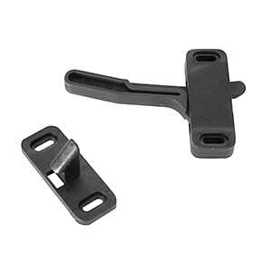 The E297 is an RV Designer Philips Style left-hand screen door latch made of black plastic. It is designed for use on Phillips doors and includes the necessary fasteners for installation.