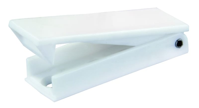 The JR Products 10355 Baggage door catch white is used to hold open RV baggage doors and compartments.