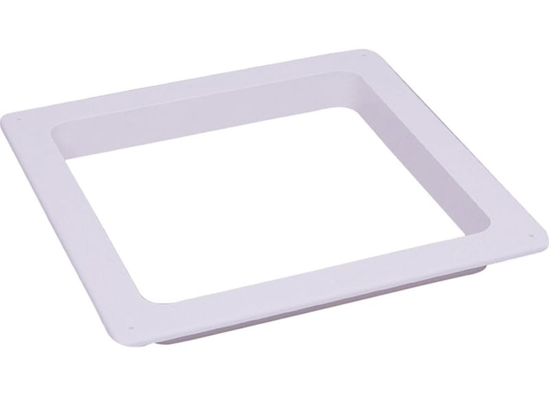 The Heng's Industries 90090B Roof Vent Trim Ring, a white garnish for standard RV, trailer, or camper 14 x 14 inch roof openings. It has a vertical leg depth of 1-1/8 inches.