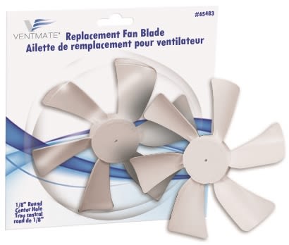 The specific RV vent fan blade you are looking for is the Ventmate 65483, a 6-inch diameter, counter-clockwise (CCW) rotation blade with a 1/8-inch (0.125") round bore. It is designed as a replacement for 12-volt Ventline RV roof vents and range hoods.