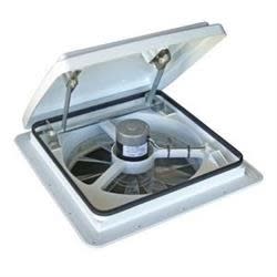 The Maxxair MaxxFan Plus RV Roof Vent (00-04000K) in white is a 12-volt, 10-speed manual-lift fan that provides over 900 cubic feet per minute (CFM) of airflow. It fits standard 14" x 14" RV roof openings and includes a built-in thermostat and rain cover.