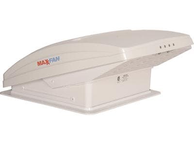 The MAXXAIR MaxxFan Deluxe 00-07000K is an all-in-one RV ventilation solution that includes a vent, 10-speed reversible fan, and built-in rain shield, allowing for use in all weather conditions. It comes in white with an electrically operated lid.