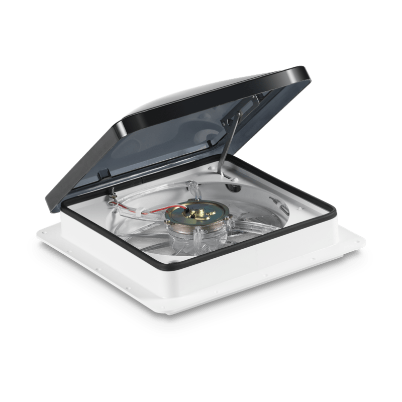 The Dometic Fantastic Fan 12V Roof Vent (model 802250) is a powerful, three-speed, reversible exhaust fan with a built-in thermostat, designed to fit standard 14 x 14 inch RV roof openings. It is known for its efficiency and relatively quiet operation.