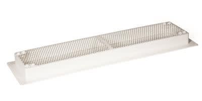 The Camco 42161 RV Refrigerator Vent Base, designed as a replacement part for RVs that fits under Camco, Dometic, and newer Norcold vent covers. It is made of durable, UV-stabilized polypropylene plastic in polar white.