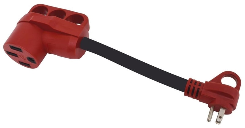 The Valterra A10-1550 is a 15 Amp male to 50 Amp female RV power adapter cord, commonly known as a "dogbone" adapter, used for connecting a 50-amp RV to a standard 15-amp household power source.