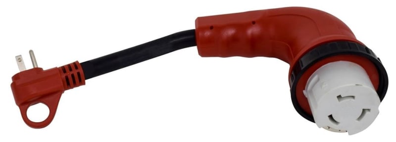 The Valterra A10-1550D90 (or A10-1550D90VP) Mighty Cord RV Power Adapter, a pigtail-style adapter used to connect an RV with a 50 amp female twist-lock power inlet to a standard 15 amp male power source, such as a household outlet.