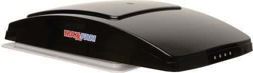The Maxxair MaxxFan Deluxe (Model 00-06401K) is a 4-speed, manual-opening RV roof vent fan with a built-in rain shield, designed to fit standard 14"x14" roof openings.
