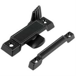 The JR Products 20435 Hehr Style Window Latch (also known as RV Designer H697), a replacement latch designed for OEM double-pane windows, typically in RVs. It is made of black-colored metal and includes mounting screws.