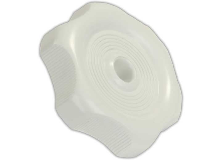 The JR Products Window Crank Knob 20335, a white plastic knob designed for RV windows and vents. It is a replacement part compatible with a 1-inch shaft and includes mounting screws for installation.