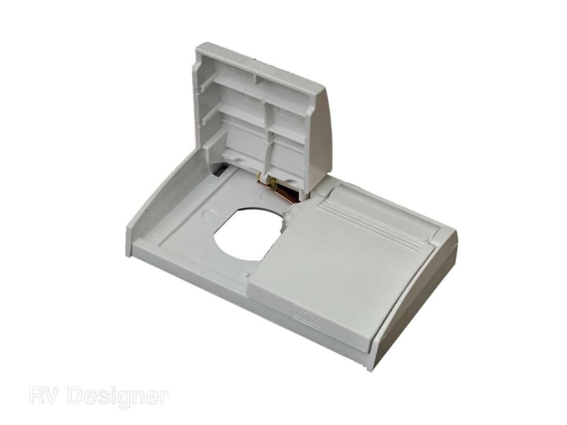 The RV Designer E365 is a white, weatherproof snap cover plate designed for an RV's exterior dual AC electrical outlets. It is used to protect the outlet and surrounding wall from bad weather, water, and UV rays.