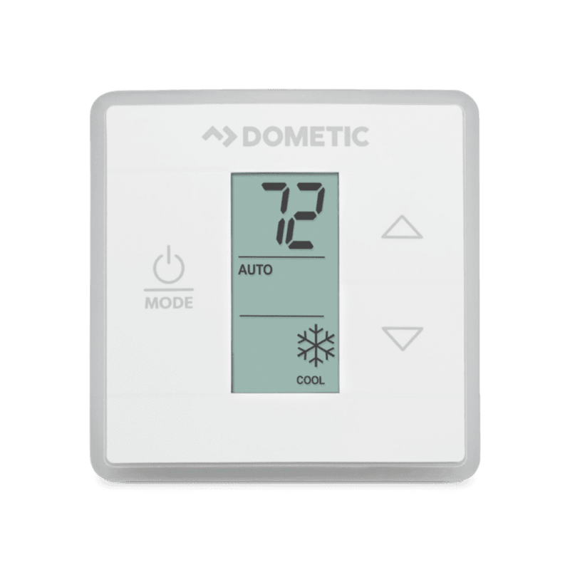The Dometic Wall Thermostat Digital White, model 3316250.700, is a single-zone, programmable thermostat designed for use in RVs and campers with Dometic HVAC systems. It provides digital temperature control and features an easy-to-read LCD display.