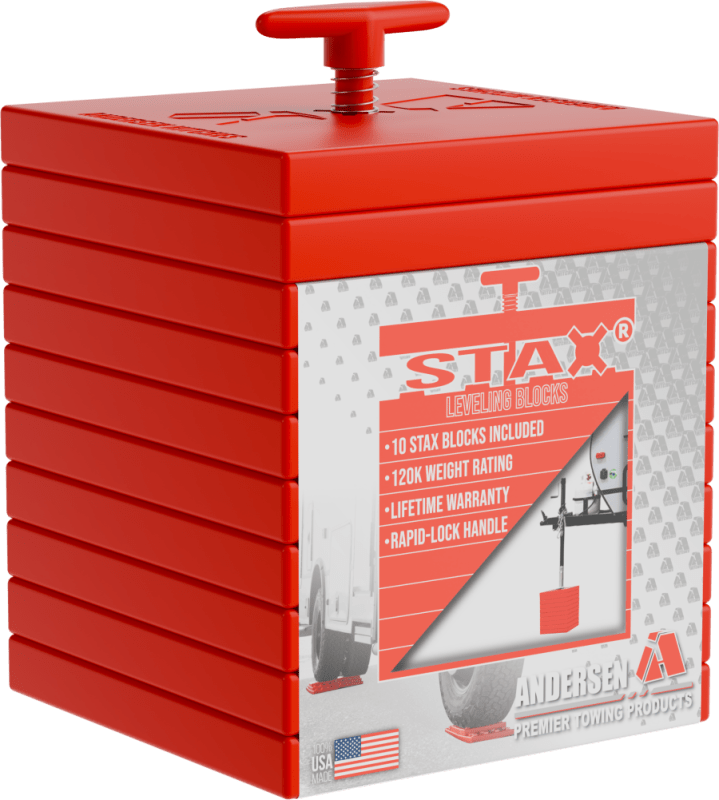 The Andersen STAX Leveling Blocks 10-pack, model 3636, are durable, interlocking blocks designed to provide stability and customizable height adjustment for a variety of RVs and trailers.
