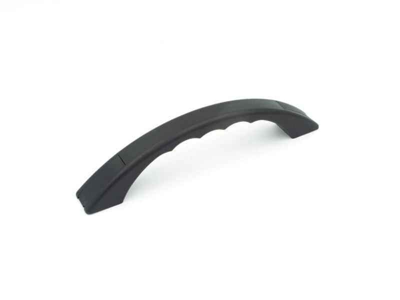 The B&B Molders 94165 Exterior Assist Handle in black, commonly used for RVs and campers. It is made of UV-stable plastic and has a fade-resistant finish.