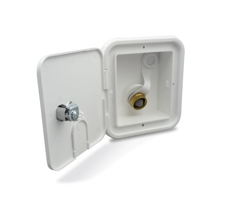 The B&B Fresh Water Inlet City Water With Door White, 94225 (also known as the Thetford 94225 City Water Hatch) is a fresh water inlet designed for RV fresh water systems, featuring a locking hatch and a brass check valve.