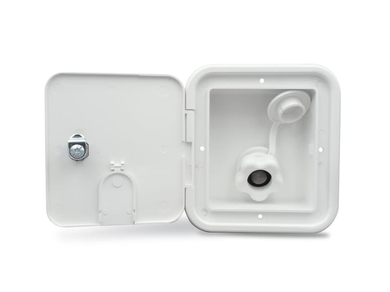 The B&B Molders 94226 Fresh Water Inlet is a polar white, locking hatch designed for an RV's city water system. It features a plastic check valve and is known for its durability and resistance to UV and impact.