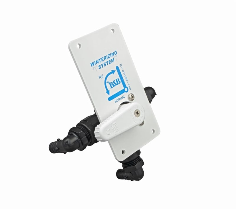 The B&B Winterize Bypass Valve, part number 94230, is a plastic diverter valve used in RVs to switch the water source from normal freshwater to an antifreeze source for winterizing purposes.
