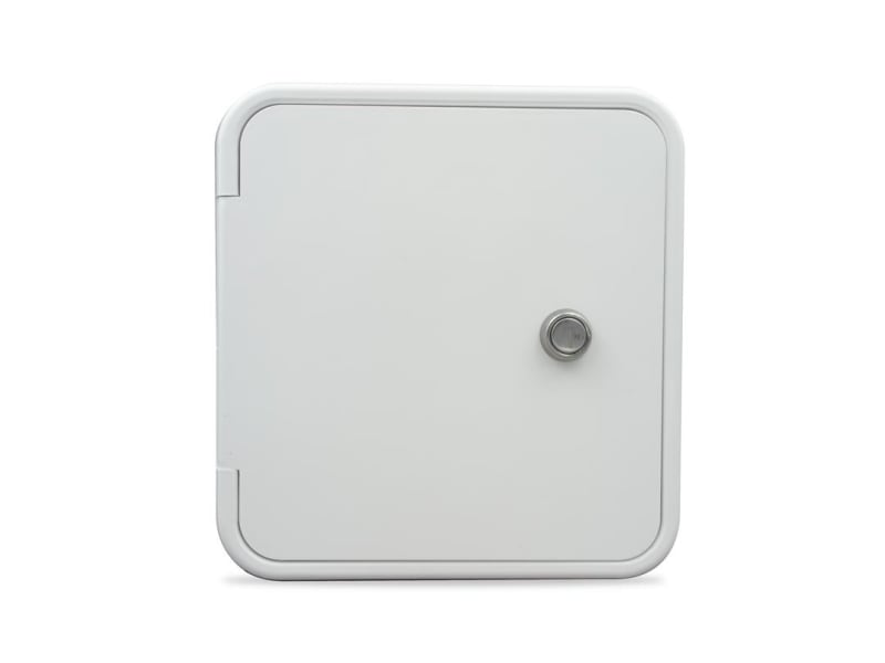 The B&B Molders 94305 Electrical Cord Multi-Purpose Hatch is a rectangular, flush-mount access door designed for RVs and campers. It is made of durable, UV-resistant polar white plastic and is suitable for protecting and organizing power cords.