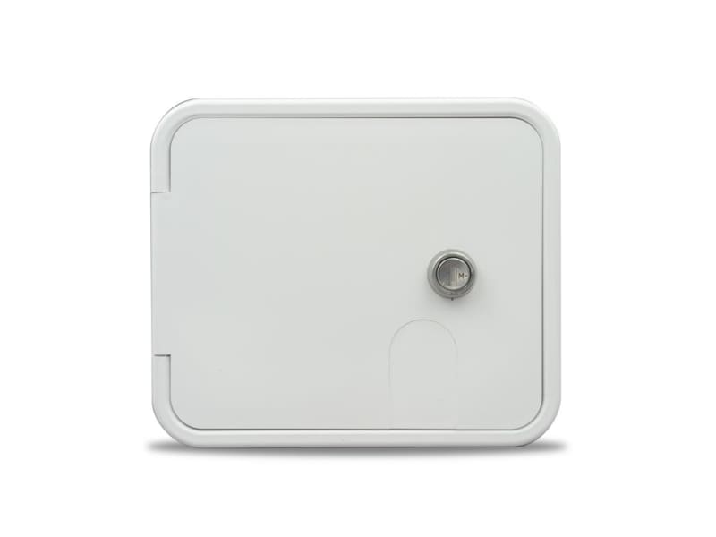 The B&B Molders Thetford 94335 Medium Electric Cable Hatch in Polar White. It is a locking access hatch designed for RVs and campers.
