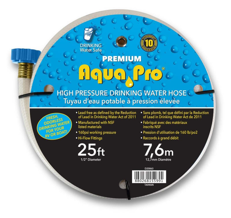 The Aqua Pro FRESH WATER DRINKING HOSE 1/2" X 25FT, W20863 is a lead-free, FDA-sanctioned hose designed for safe, odorless drinking water, primarily for RV and marine use.
