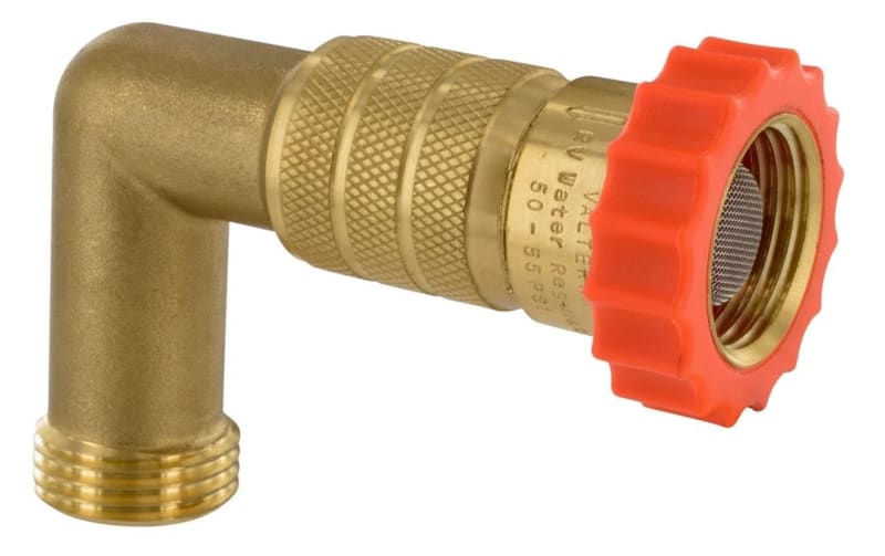 The Valterra A01-2222VP fresh water pressure regulator is a 90-degree, hi-flow regulator designed to protect your RV's plumbing system by maintaining a stable water pressure of 50-55 PSI.