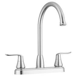 The Dura Faucet DF-PK330HLH-SN is a satin nickel, dual-handle, J-spout kitchen faucet designed primarily as an elegant replacement or upgrade for recreational vehicles (RVs). It is lead-free certified and offers an aerated stream for splashless washing.