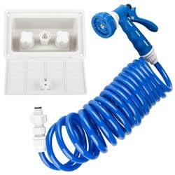 The Dura Faucet DF-SA189-WT is a white, flush-mounted exterior quick-connect spray port and sprayer box kit for RVs, designed to provide convenient outdoor water access with temperature control.