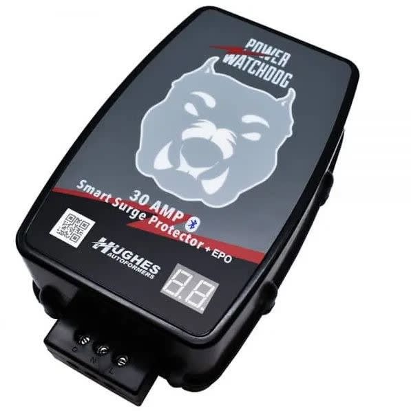 The Hughes Power Watchdog PWD30-EPO-H is a 30 Amp hardwired smart RV surge protector with Emergency Power Off (EPO) and Bluetooth connectivity for monitoring via a smartphone app. It provides advanced surge protection and automatically shuts down.