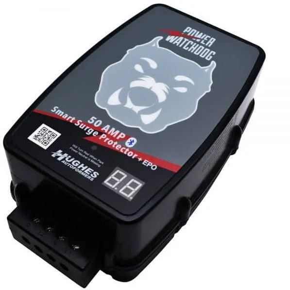 The Hughes Power Watchdog PWD50-EPO-H is a hardwired 50-amp smart surge protector designed for RVs that offers real-time monitoring via Bluetooth and features Emergency Power Off (EPO) capabilities to protect your coach from dangerous electrical.