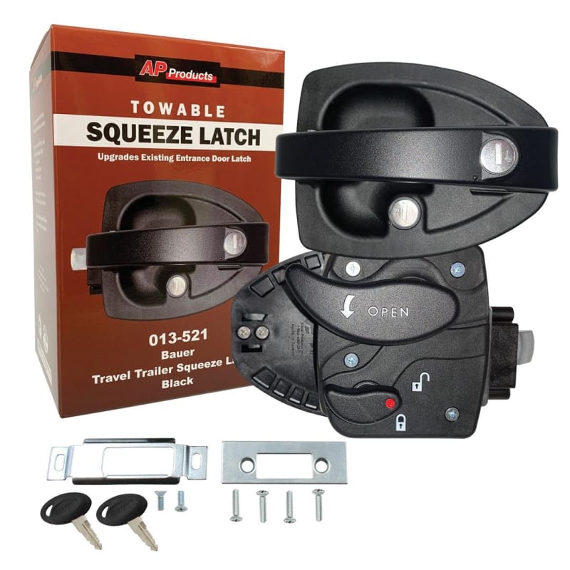 The AP Products Bauer Squeeze Latch (part number 013-521) is an entry door lock designed for travel trailers, RVs, caravans, and motorhomes, offering a user-friendly alternative to standard paddle-style handles.