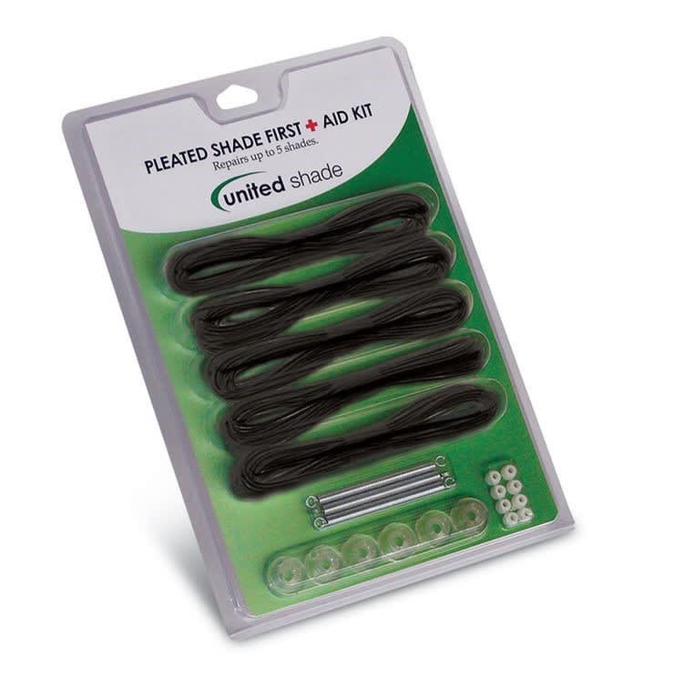 The United Shade Pleated Shade First Aid Kit, Black (part number 650010) is a restringing kit used to repair two-cord day/night shades, four-cord day/night shades, and two-cord night shades, primarily in RVs.