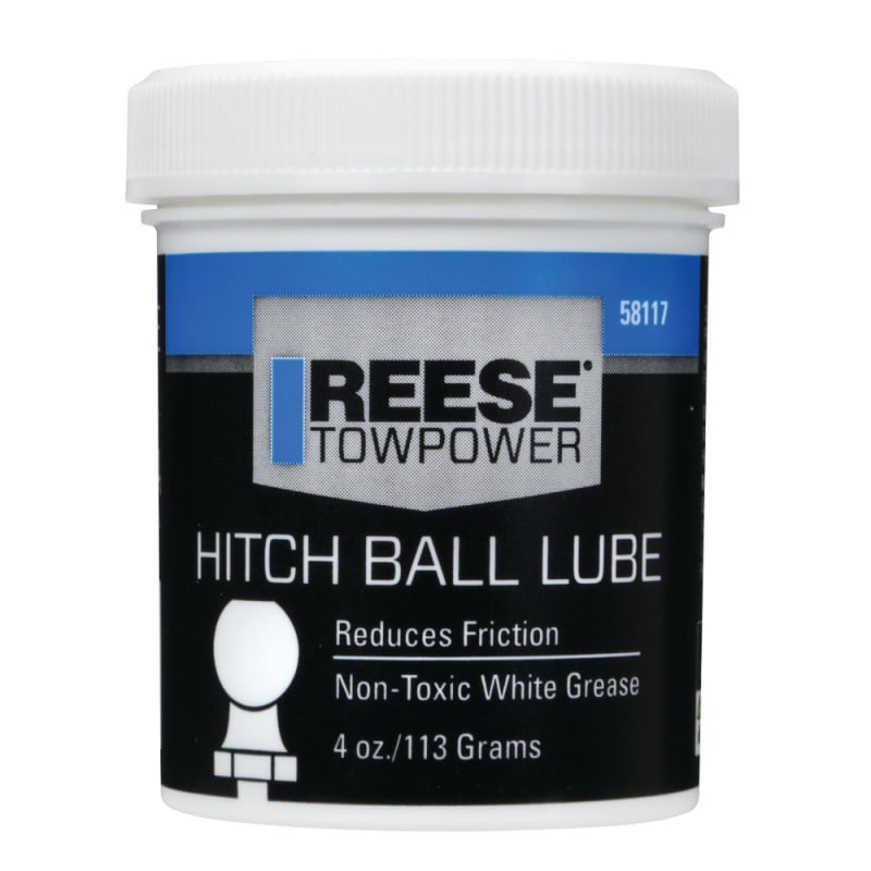 The REESE HITCH BALL GREASE LUBE WHITE, 58117 is a 4-ounce jar of non-toxic, water-resistant grease designed to reduce friction and wear on your trailer hitch ball and coupler.