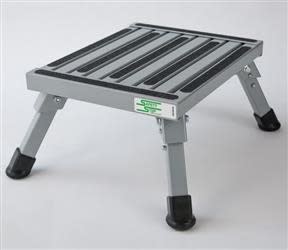 The Safety Step S-07C-S is a silver, 14" L x 11" W folding step stool made of aircraft-quality aluminum, designed to be anti-tip and support up to 1,000 pounds.