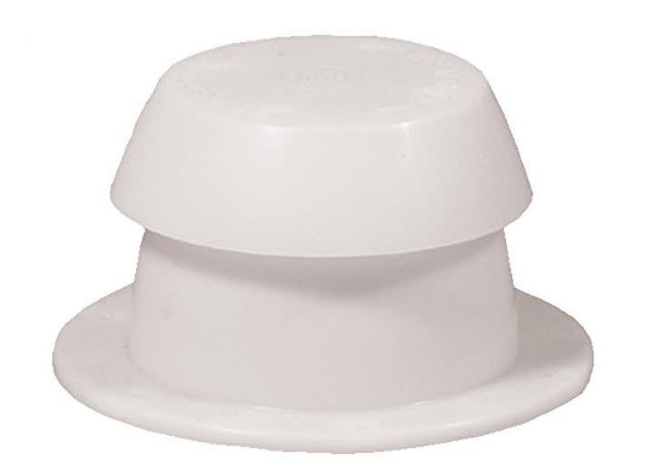 The Heng's Industries 10001-C Sewer Vent is a white plastic plumbing vent cap designed primarily for RV roof applications. It fits over pipes up to 2 inches in diameter with a 2.5-inch projection above the roof.