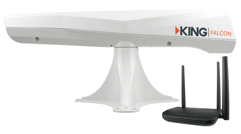 The KING WiFi Range Extender Falcon White (KF1000) is a high-gain, roof-mounted directional Wi-Fi antenna system designed for RVs, campers, and other mobile adventurers to provide fast, reliable, and secure long-range internet connectivity.