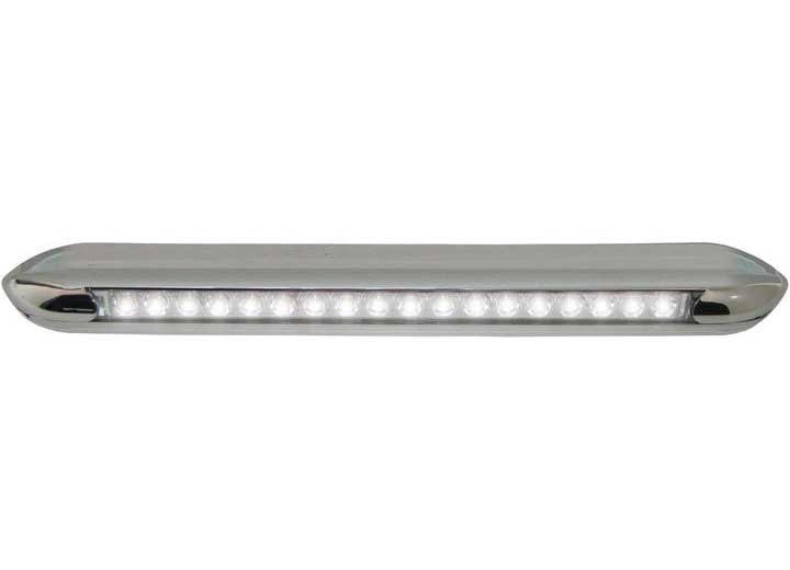 The Optronics Opti-Brite ILL71CBAWN is an 18-inch white LED awning light with a chrome snap-on bezel, designed for surface mounting on RVs, trailers, and marine applications.