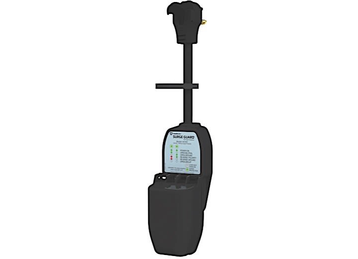 The Southwire 44380 Surge Guard is a 30 Amp portable surge protector with a fully enclosed cover, designed for RV use to identify faulty park power and protect the electrical system from power surges. It is rated for 120V and 2100 Joules of protection.