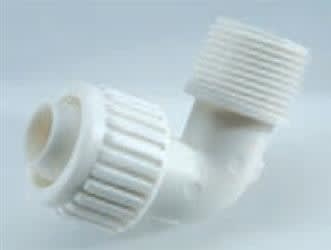 The FLAIR-IT PEX ELBOW 1/2" FL X 1/2" MPT (Model 16803) is a durable plastic, 90-degree compression fitting designed to connect 1/2-inch PEX or polybutylene tubing to a 1/2-inch male pipe thread (MPT) connection without requiring special crimp tools.