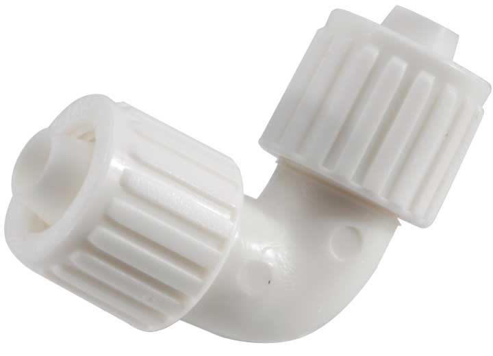 The FLAIR-IT PEX ELBOW 3/8" FL x 3/8" FL 90 DEGREE (Model 16815) is a plastic, compression-style fitting used to create a 90-degree change in direction for 3/8-inch PEX or polybutylene tubing, requiring no special crimp tools for installation.
