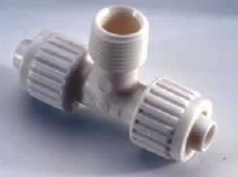 The FLAIR-IT PEX FRESH WATER TEE 1/2" MPT, model 16822, is a plumbing fitting for PEX and polybutylene tubing.