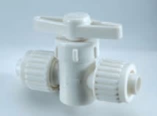 The FLAIR-IT PEX FRESH WATER SHUT OFF VALVE 1/2" FL X 1/2" FL STOP VALVE, 16880 is a plastic, straight stop valve designed to control water flow in PEX and polybutylene plumbing systems without needing special tools.