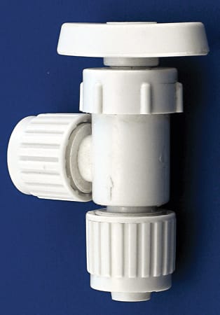 The FLAIR-IT PEX FRESH WATER SHUT OFF STOP VALVE 3/8" FL X 3/8" FL (part number 16883) is an angle stop valve for use in hot and cold potable water systems, commonly found in RVs and mobile homes.