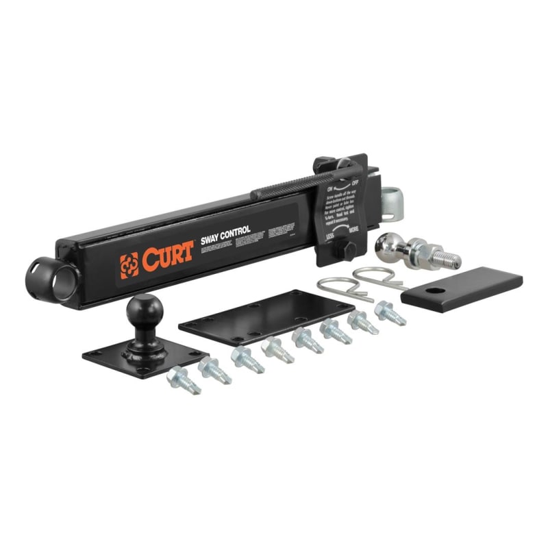 The CURT Sway Control Kit 17200 is a friction-style system designed to limit the lateral movement of a trailer, providing increased driver control and comfort while towing. It is compatible with most A-frame trailers and weight distribution hitches.